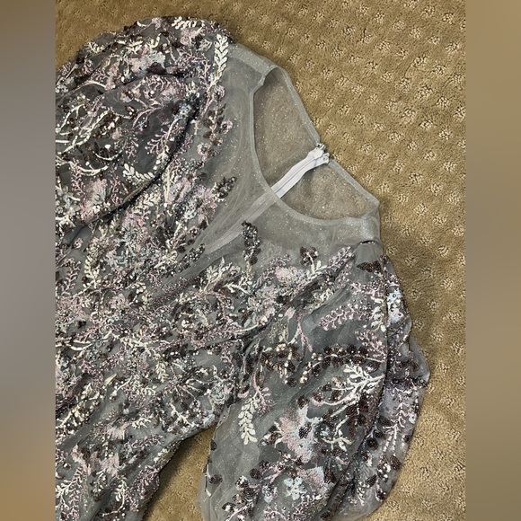 Mac Duggal 20475 Gray Puff Sleeve Glitter Embellished Dress - Picture 10 of 12